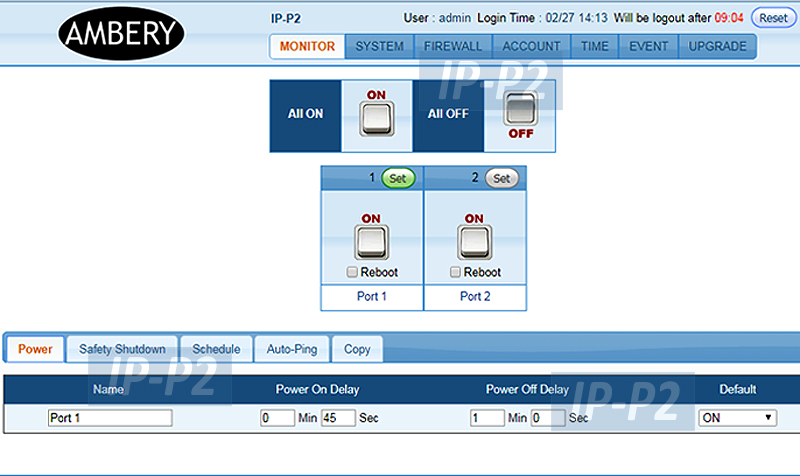 Web control panel screenshot of the remote power switch IP-P3 model