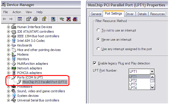This PC card provides a real hardware parallel port showing as LPT port in the device manager of Microsoft Windows