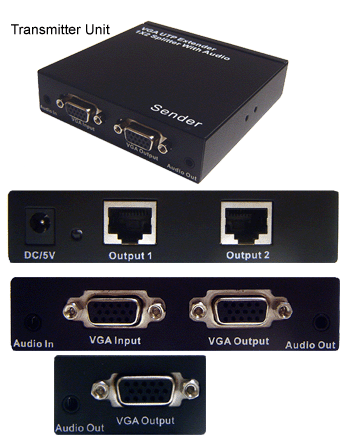 Transmitter Unit For 1 In 2 Out VGA Video Balun Extender Splitter + Stereo Audio Balun Extender Splitter�