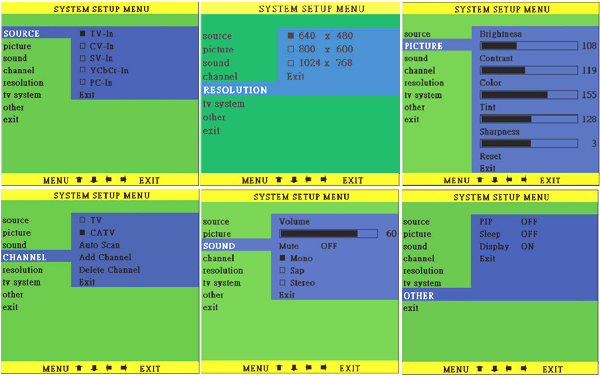 System setup OSD menu for Ambery LCDT5 model